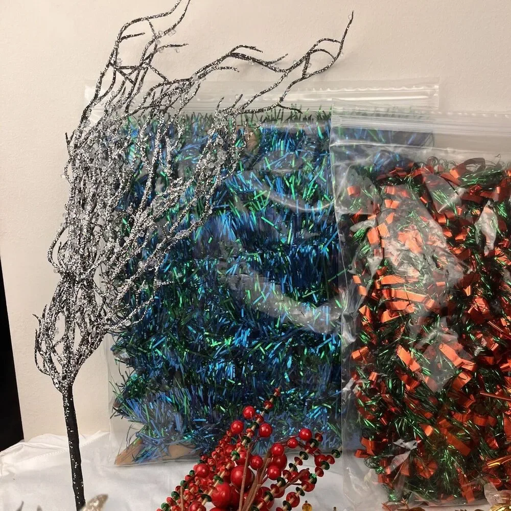 Vintage Christmas Ornaments Decorations Lot Birch Branches Sprays Foils Tinsel